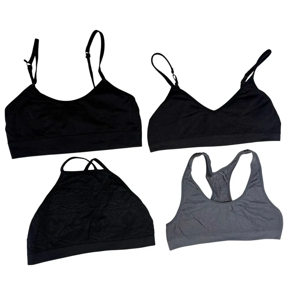 Girls Training Bra Lot of 4 Black/Grey Seamless Cami Racerback Halter Bralette